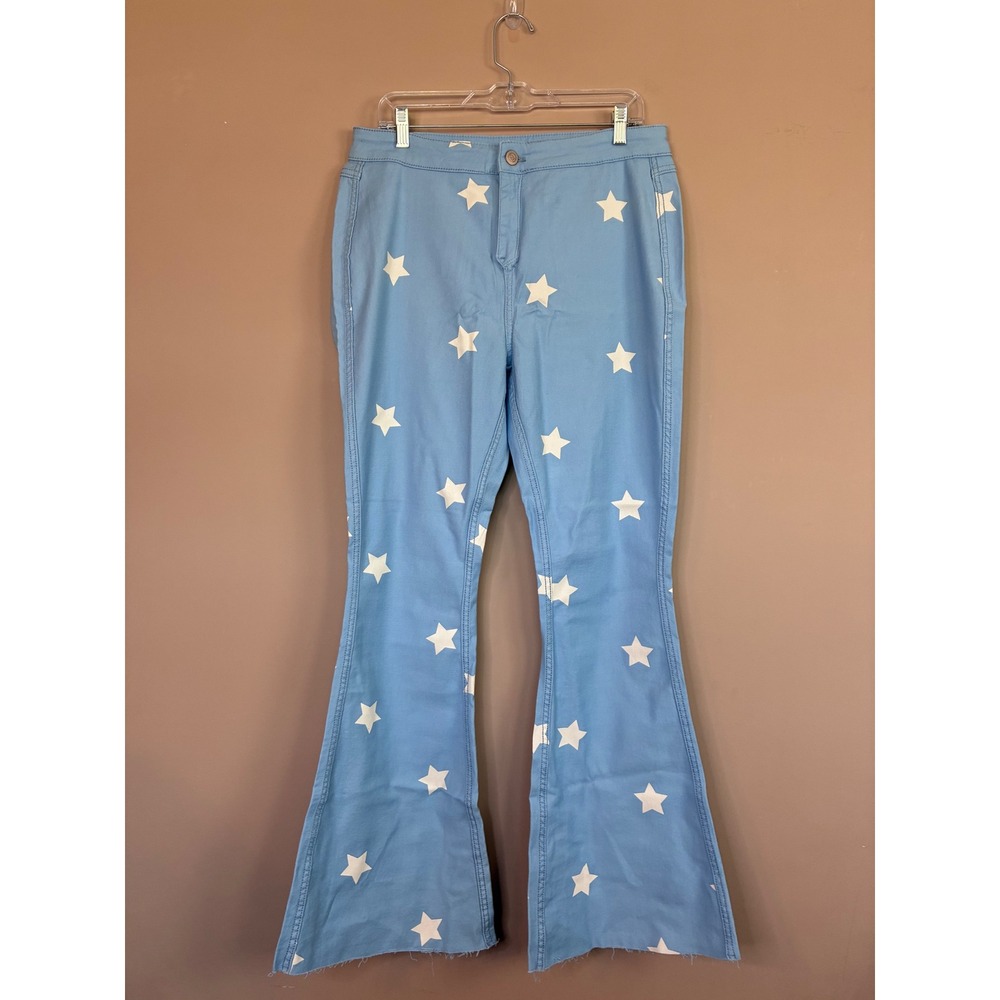 Rock & Roll Denim‎ Womens Star Print Reversible Flare Jeans Blue 33x32 NWT